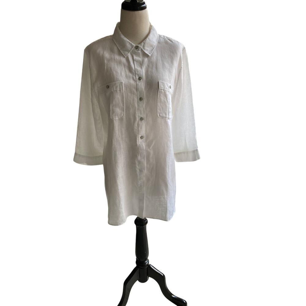 Chico's White Crisp 100% Linen Button Down Top/Tunic Size 3 (XL)